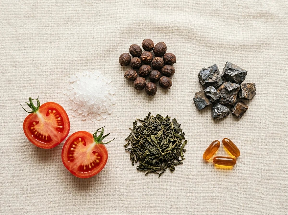 Natural botanical ingredients including saw palmetto, zinc, lycopene tomatoes and vitamin E on cream linen surface