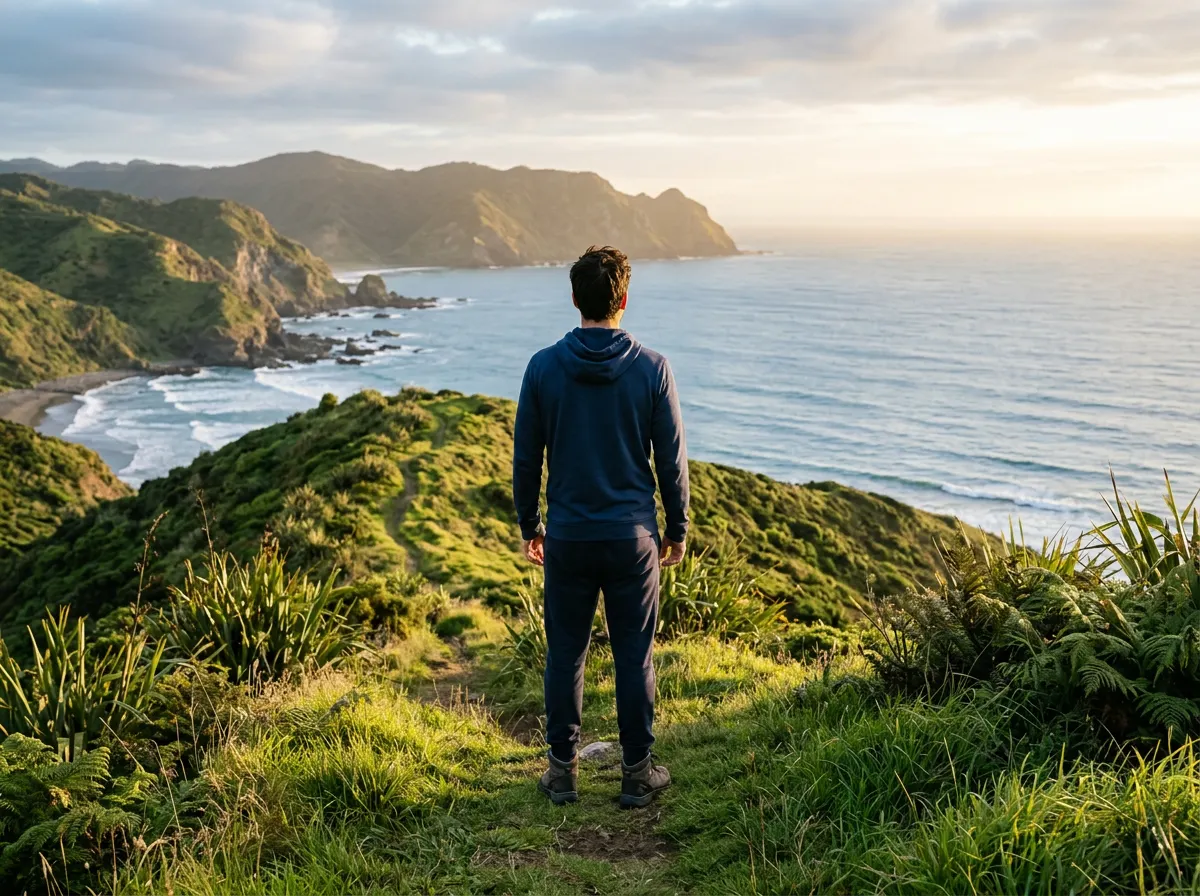 Man from behind on a New Zealand coastal hillside at sunrise, active lifestyle